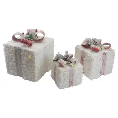 Northlight LED Flocked Rattan Christmas Gift Boxes with Pinecones - 10" - Set of 3 White