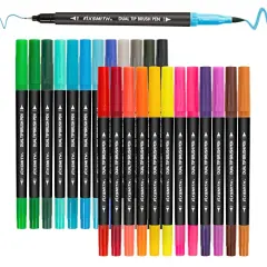 Dual Brush Marker Pens - 24 Colored Art Markers, Fine Point & Brush Tip Water Based Markers, for Kids Adult Coloring Books Bullet Journals Planners, Note Taking Sketching Drawing Art