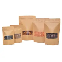 50 Pcs Self Sealing Sealable Packaging Paper Bags Waterproof Transparent Window Brown Stand Up Zipper Pouches Can Reusable for Food Tea Coffee bags Beans Nuts Seeds Dried Fruits Pouch (5.9"x8.6")&hellip;