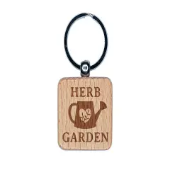 Herb Garden Watering Can Engraved Wood Square Keychain Tag Charm