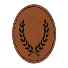 Wreath Laurel Branch Frame Round Iron-On Engraved Faux Leather Patch Applique - 2.5" Brown