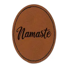 Namaste Script Font Round Iron-On Engraved Faux Leather Patch Applique - 2.5" Brown