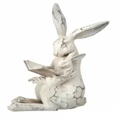 11" Handcrafted Bunny Reading Figurine &ndash; Distressed White Rabbit Statue with Baby Bunny