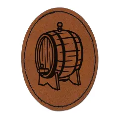 Serving Wine Wood Barrel Cask Round Iron-On Engraved Faux Leather Patch Applique - 2.5" Brown