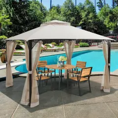 12 x 10 Feet Outdoor Double Top Patio Gazebo with Netting Beige