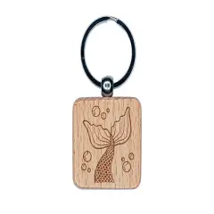 Mermaid Tail Swimming with Bubbles Ocean Sea Engraved Wood Square Keychain Tag Charm