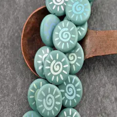 *8* 17mm Opaque Satin Turquoise AB Laser Tattoo Sun Coin Beads