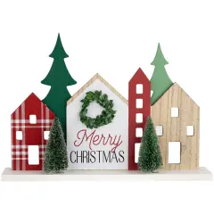 Northlight Wooden "Merry Christmas" Houses with Trees Decoration - 15" - Red and Green