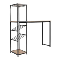 Merrick Lane Kramer Metal Bar and Wine Table with Bottle Storage and Hanging Stemware Holders LightBrownTop/Black