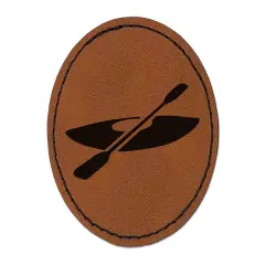 Kayak with Paddle Round Iron-On Engraved Faux Leather Patch Applique - 2.5" Brown