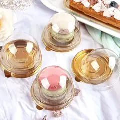 100 Pcs Clear Plastic Mini Cake Boxes with Dome Lids, Mini Bundt Cake Containers for Mini Cupcake, Muffin, Chocolate Covered Cookie, Strawberry, Mooncake and More (Gold Base)