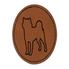 Shiba Inu Dog Outline Round Iron-On Engraved Faux Leather Patch Applique - 2.5" Brown