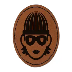 Occupation Thief Burglar Criminal Woman Icon Round Iron-On Engraved Faux Leather Patch Applique - 2.5" Brown