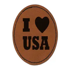 I Love Heart USA United States of America Patriotic Round Iron-On Engraved Faux Leather Patch Applique - 2.5" Brown