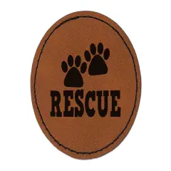 Rescue Cat Dog Paw Print Round Iron-On Engraved Faux Leather Patch Applique - 2.5" Brown