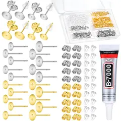 600 pieces Jewelry Glue with Earring Posts for Jewelry Making, Stainless Steel Earring Posts and Backs Silver and Gold Earring Posts with Rubber Earring Backs for Earring Making Supplies