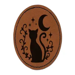Cat Moon Stars Round Iron-On Engraved Faux Leather Patch Applique - 2.5" Brown
