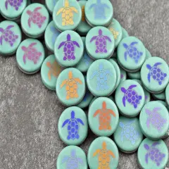 *8* 14mm Opaque Satin Turquoise Sliperit Laser Tattoo Turtle Coin Beads