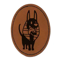 Anubis Puppy Egyptian Jackal Dog Round Iron-On Engraved Faux Leather Patch Applique - 2.5" Brown