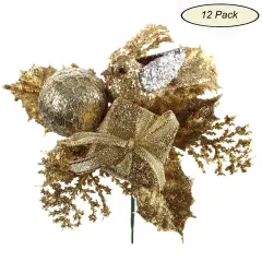 Sparkling Gold Glitter Picks with Dove Bird, Gift Box, & Ornament Ball | Holiday Xmas Accents | Trees, Wreaths, & Garlands | Christmas Picks | Party & Event | Home & Office Decor (Set of 12) - 2024 Christmas Collection - 2024 Christmas Collection, Fl