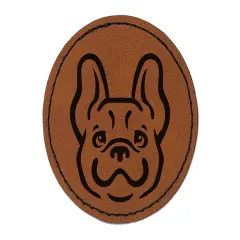 Happy French Bulldog Frenchie Dog Head Round Iron-On Engraved Faux Leather Patch Applique - 2.5" Brown