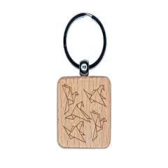 Flock of Origami Paper Birds Engraved Wood Square Keychain Tag Charm