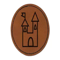 Castle Fairytale Round Iron-On Engraved Faux Leather Patch Applique - 2.5" Brown