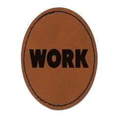 Work Bold Text Round Iron-On Engraved Faux Leather Patch Applique - 2.5" Brown