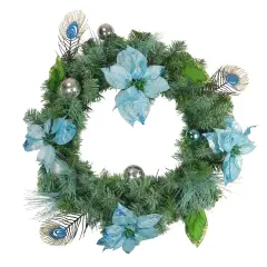Northlight Glitter Peacock Feather Poinsettia Artificial Christmas Wreath - 24" - Unlit Blue