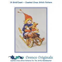 Girl Sledding with a Teddy Bear Jenny Nystrom Counted Cross Stitch Pattern