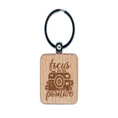 Focus on the Positive Camera Pun Engraved Wood Square Keychain Tag Charm