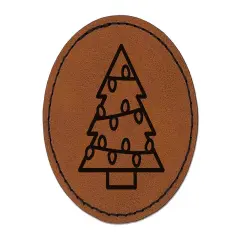 Christmas Tree with Lights Round Iron-On Engraved Faux Leather Patch Applique - 2.5" Brown