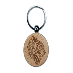 Fierce Tiger Head Profile Engraved Wood Round Keychain Tag Charm