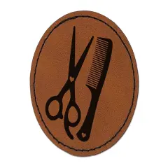 Hair Cutting Comb Scissors with Hearts Round Iron-On Engraved Faux Leather Patch Applique - 2.5" Brown