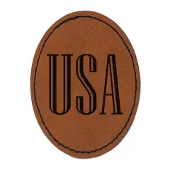 USA Patriotic Text Round Iron-On Engraved Faux Leather Patch Applique - 2.5" Brown