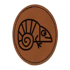 Chameleon Lizard Doodle Round Iron-On Engraved Faux Leather Patch Applique - 2.5" Brown