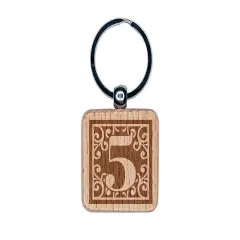 Monogram Swirls Number 5 Five Engraved Wood Square Keychain Tag Charm