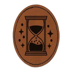Hourglass Sands of Time Round Iron-On Engraved Faux Leather Patch Applique - 2.5" Brown