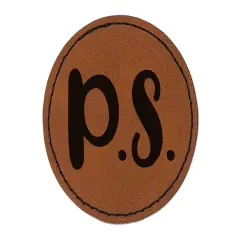 P.S. Postscript Fun Text Round Iron-On Engraved Faux Leather Patch Applique - 2.5" Brown