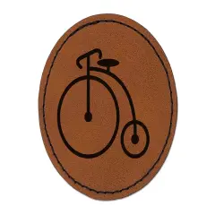 Penny Farthing Bicycle Bike Old Fashioned Victorian Round Iron-On Engraved Faux Leather Patch Applique - 2.5" Brown