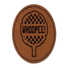 Whoopee! Funny Fart Cushion Round Iron-On Engraved Faux Leather Patch Applique - 2.5" Brown