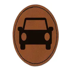 Parked Car Automobile Icon Round Iron-On Engraved Faux Leather Patch Applique - 2.5" Brown