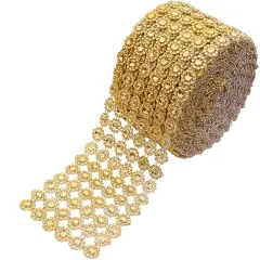 6 RowsCrafts Faux Diamond Bling Wrap 4" x 10 Yards Gold Flower Pattern Faux Rhinestone Crystal Mesh Ribbon Roll for Wedding, Party, Centerpiece, Cake, Vase Sparkling Decoration (Gold)