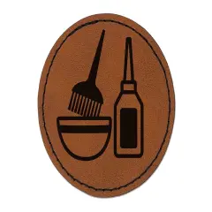 Hair Dye Salon Round Iron-On Engraved Faux Leather Patch Applique - 2.5" Brown