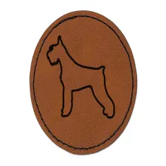 Giant Schnauzer Dog Outline Round Iron-On Engraved Faux Leather Patch Applique - 2.5" Brown