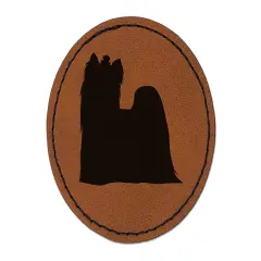 Yorkie Yorkshire Terrier Dog Solid Round Iron-On Engraved Faux Leather Patch Applique - 2.5" Brown