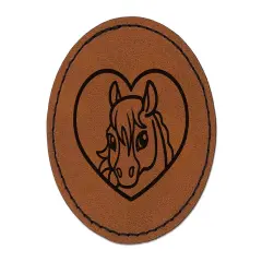 Horse Inside of Heart Round Iron-On Engraved Faux Leather Patch Applique - 2.5" Brown
