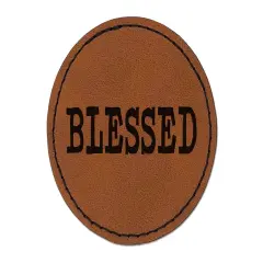 Blessed Text Round Iron-On Engraved Faux Leather Patch Applique - 2.5" Brown