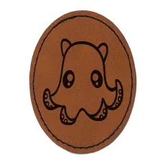 Kawaii Flapjack Octopus Round Iron-On Engraved Faux Leather Patch Applique - 2.5" Brown