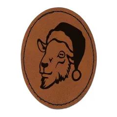 Goat Head with Santa Hat Christmas Round Iron-On Engraved Faux Leather Patch Applique - 2.5" Brown
